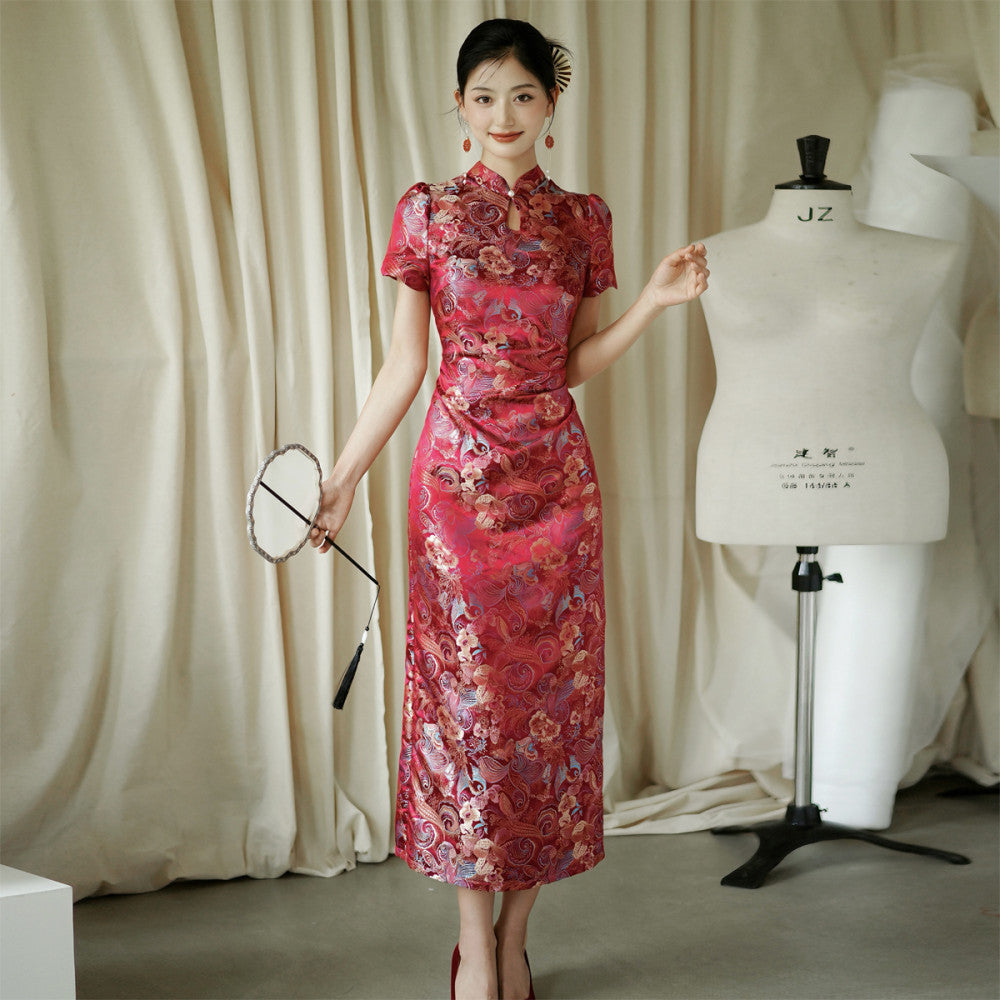 Moye New Chinese Style Yuexi Red Embroidered Jacquard High end Cheongsam Engagement Wedding Bridal Toast Dress image 11
