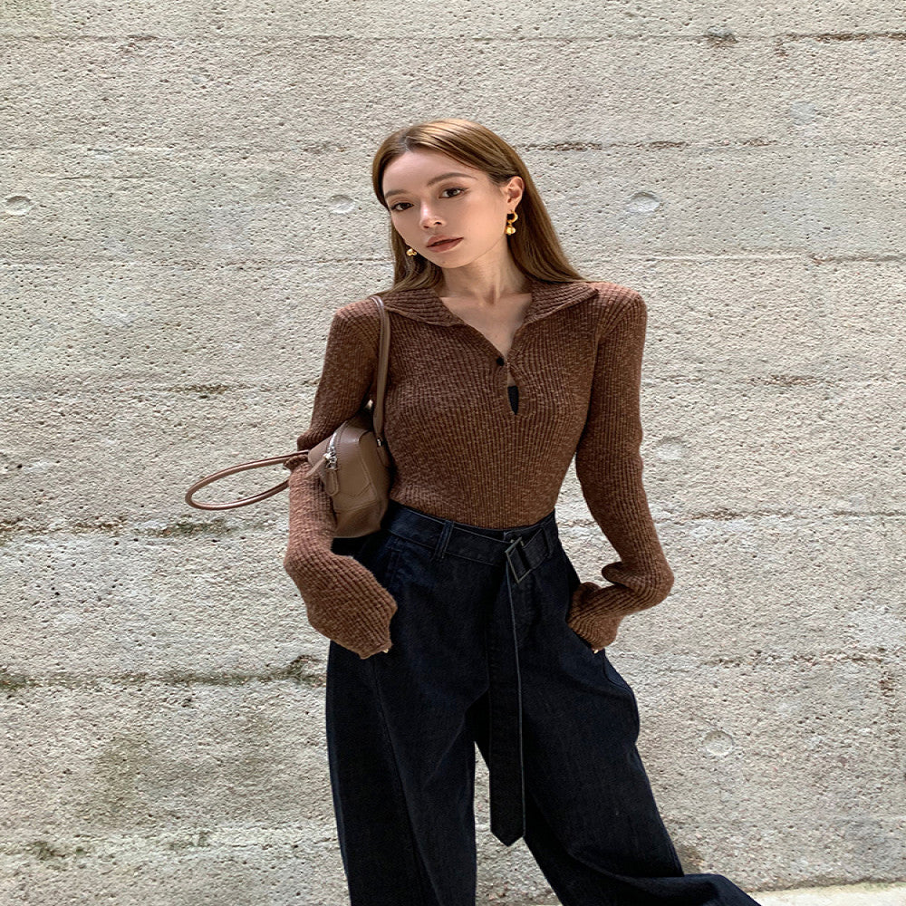 SMOL vintage chestnut brown V neck hollow knit sweater for women in autumn and winter slim fit and slimming temperament long sleeved top image 11
