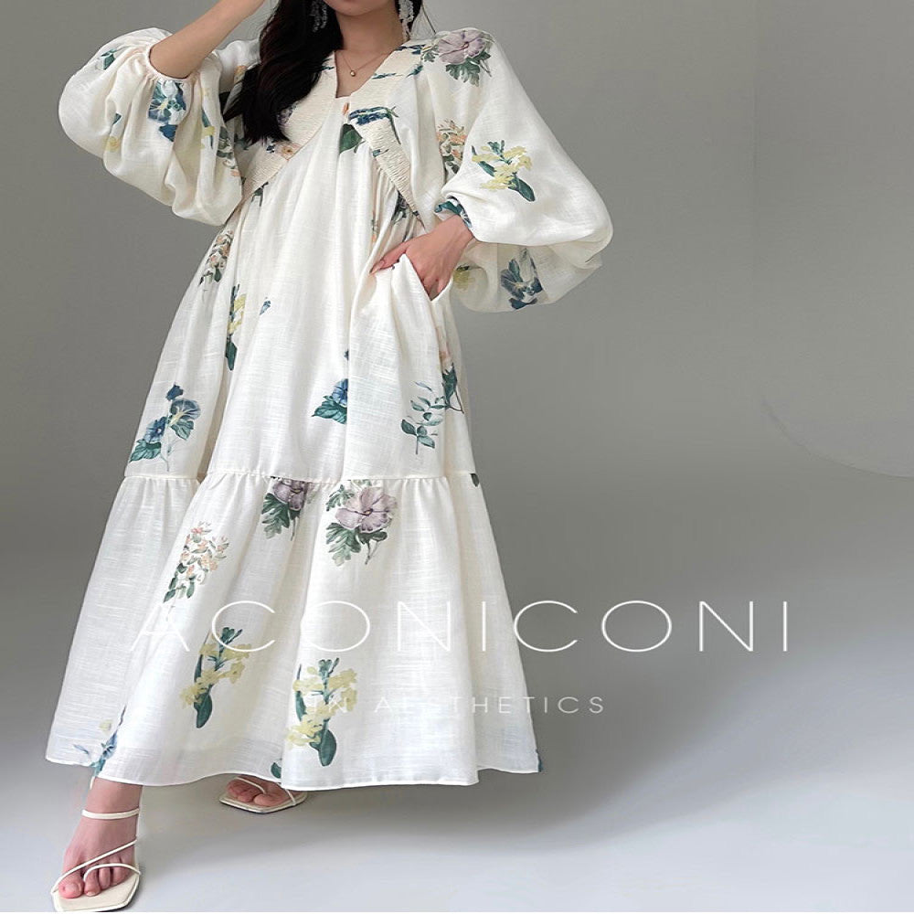 Aconiconi Tingting Qingyao French Retro Printed Holiday Dress Imitation Cotton and Linen Loose and Slimming Long Dress image 17
