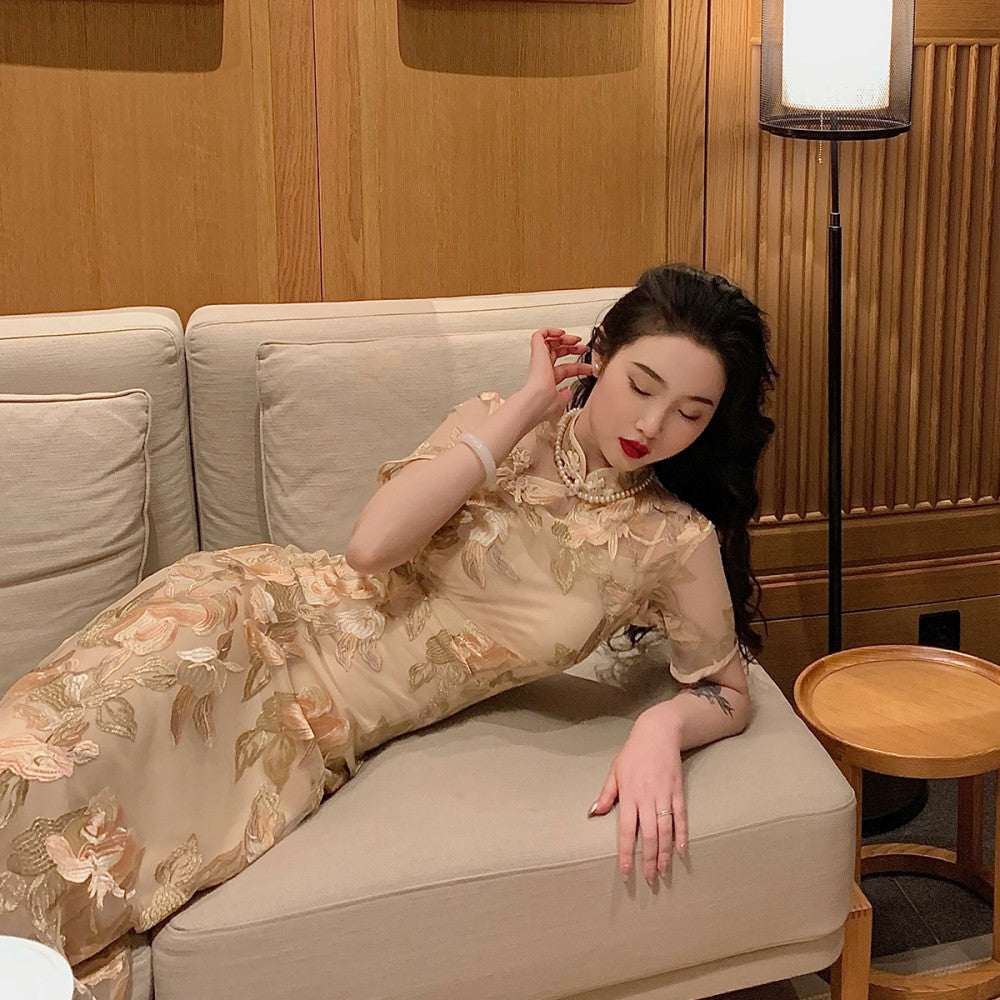 Lujin homemade Golden Branches and Jade Leaves retro style new style old Shanghai girl Republic of China improved version of long cheongsam image 10