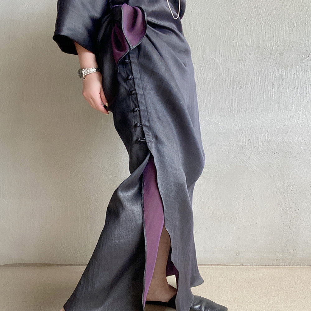Huanyuan exclusive niche exquisite new Chinese style black purple Xiangyun silk short sleeved cheongsam dress dress morning gown image 13
