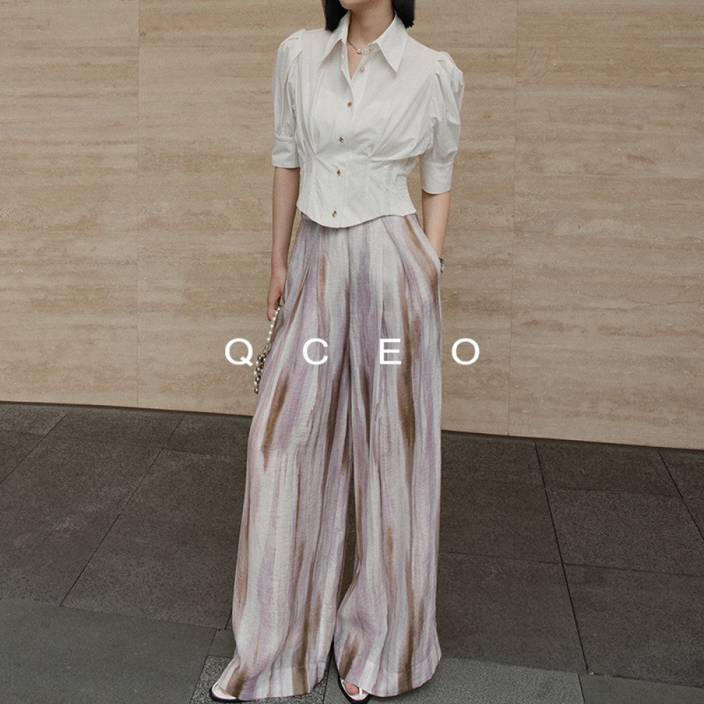 QCEO blend printed pleated wide leg pants with a cool and slimming feel made of Tencel linen yarn for sun protection floor length pants women s summer image 23