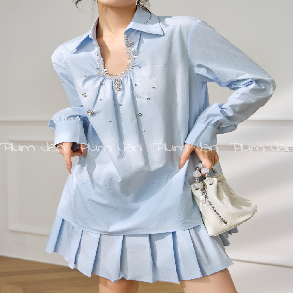 Plum Jan Summer Mint Green Wear Korean Fake Two Piece Nail Beaded Shirt Splicing Hundred Fold Age Reducing Dress image 13