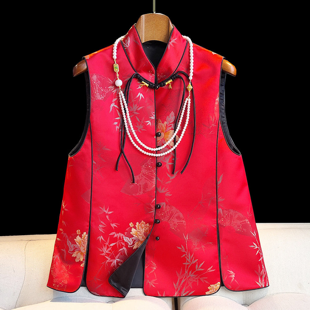 Red retro jacquard Chinese style vest women s original design New Year s clothing fashionable new Chinese style buckle top small jacket image 15