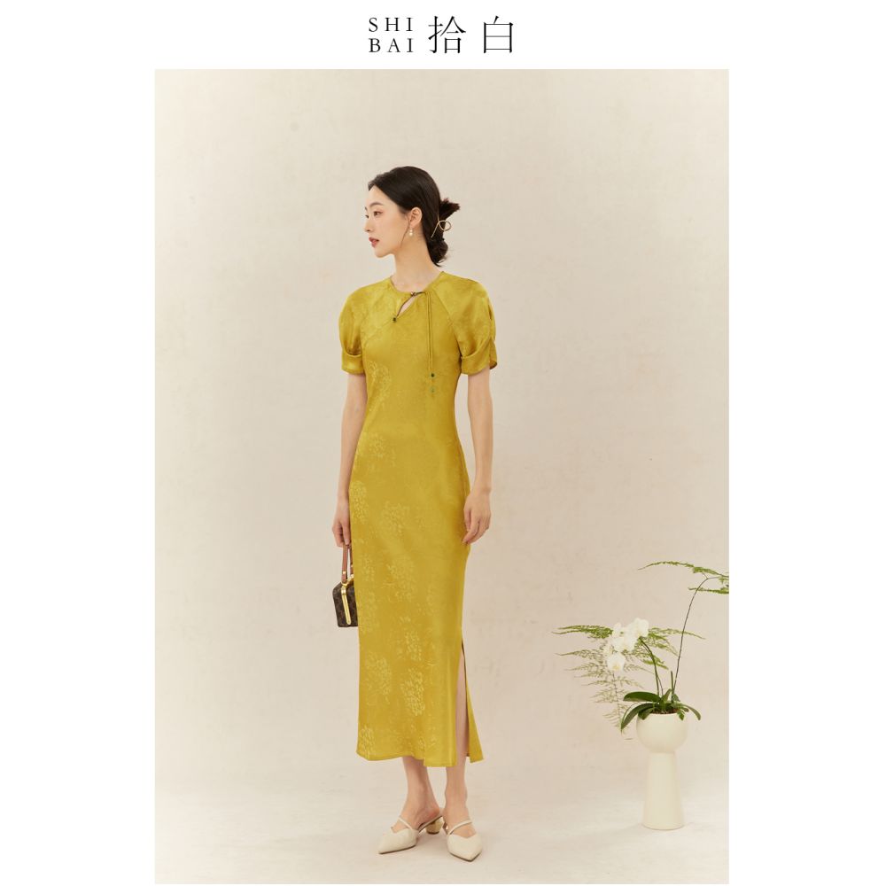 SHIBAI Shibai new Chinese style dress original national style women s elegant yellow skirt female tea service daily commuting image 29