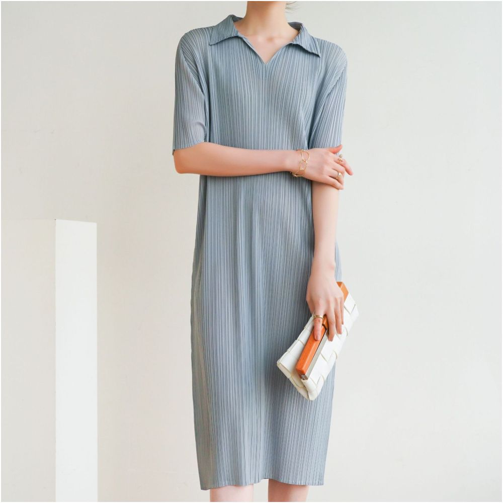 High temperature pleated manufacturer directly supplies new high end pleated ladies style commuting mid length collar dress with elegant temperament image 17