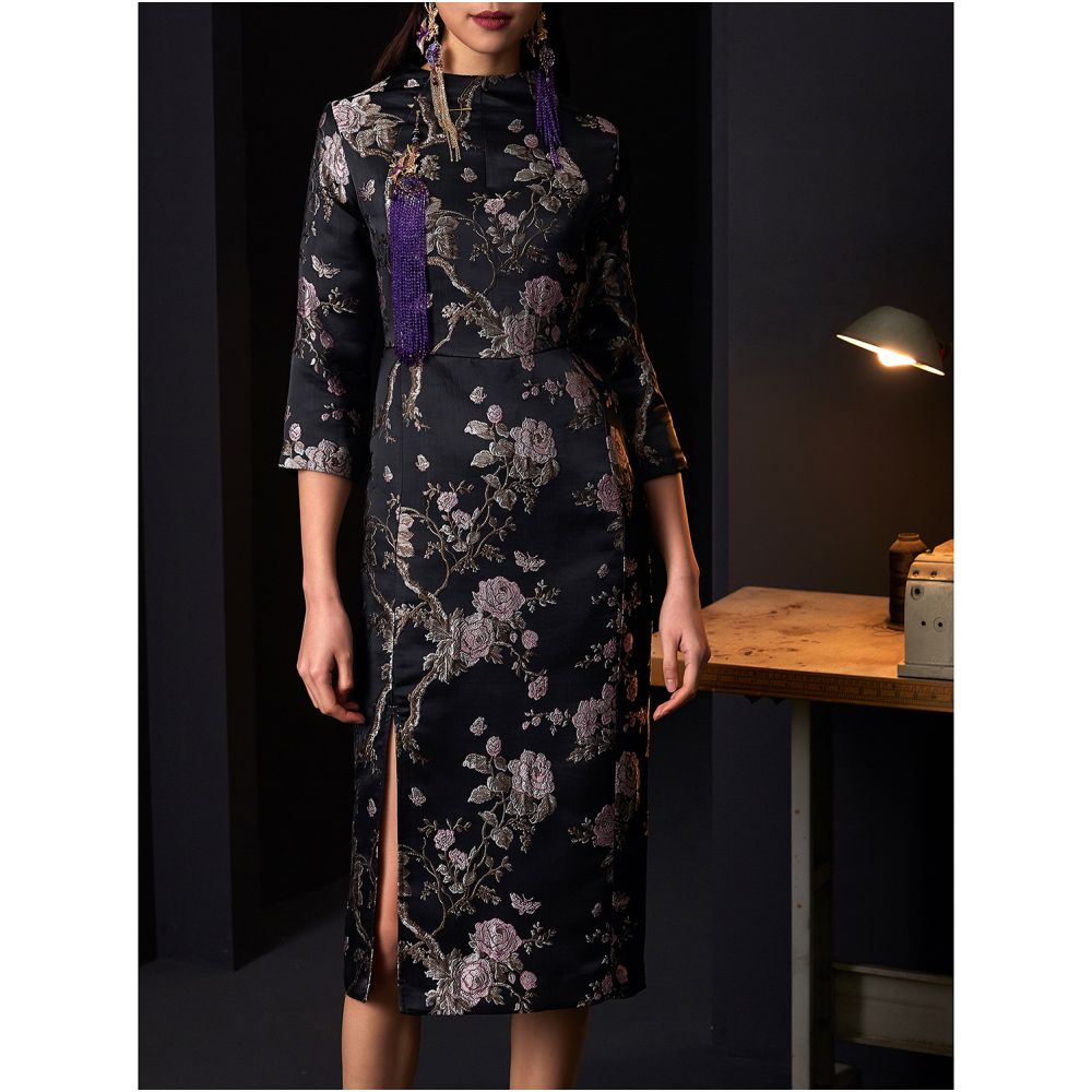 Fulang 2024 Original Niche Designer Women s Fashion Dark Jacquard Satin Slit Modified Long Cheongsam Skirt image 11