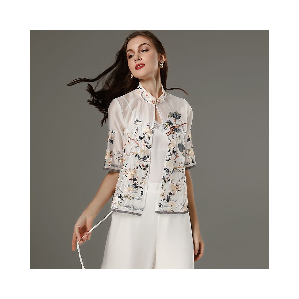 Ethnic style small top for women summer retro Chinese style Tian Si embroidery large size versatile small cardigan draped over air conditioning shirt image 35