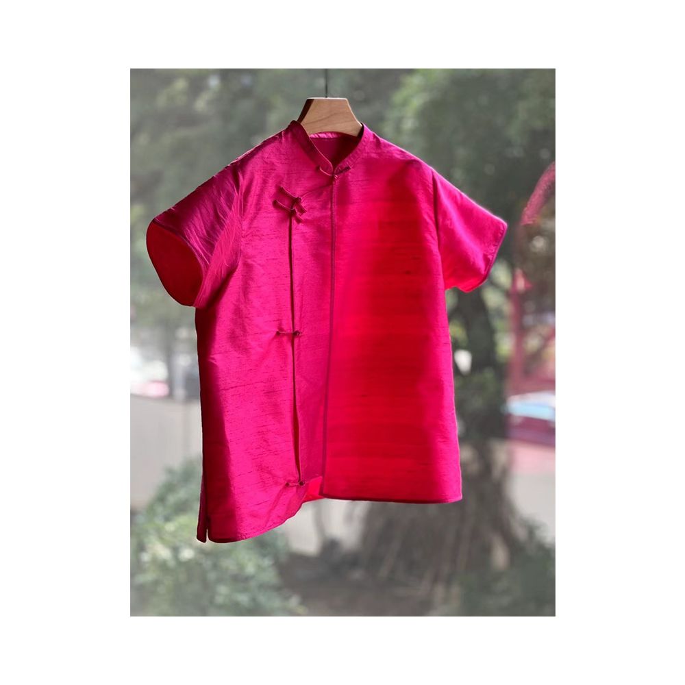 2025 autumn new Chinese style design with a niche rose red short sleeved shirt youthful and beautiful Western style top for women image 13