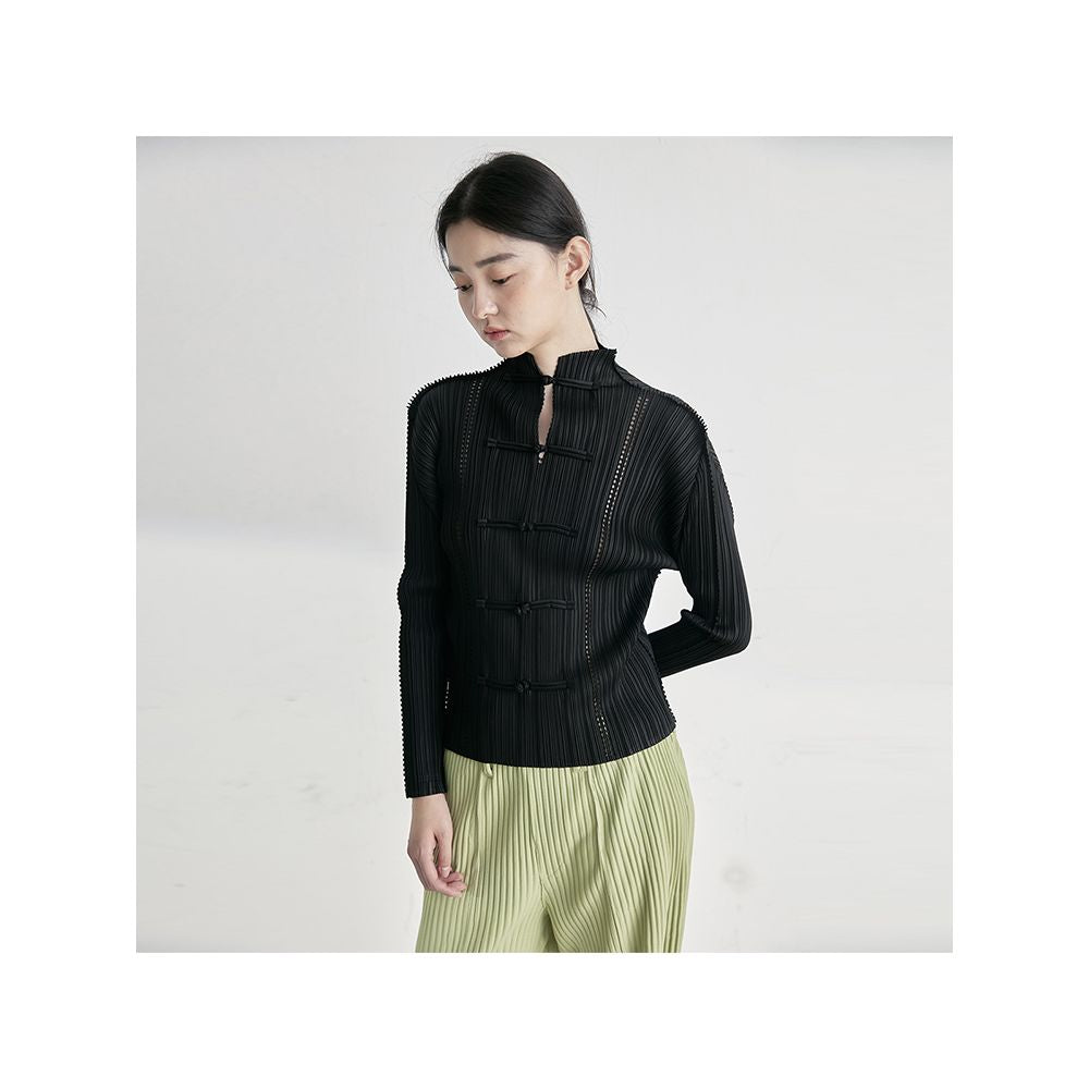 Whitecube early spring long sleeved shirt laser engraved three house style pleated new Chinese style button down shirt top for women image 9