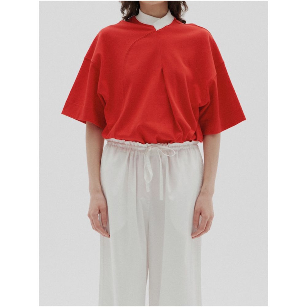 STUDIO YI AN Chinese style stand up collar red curved T shirt for both men and women summer loose short sleeved shirt image 9