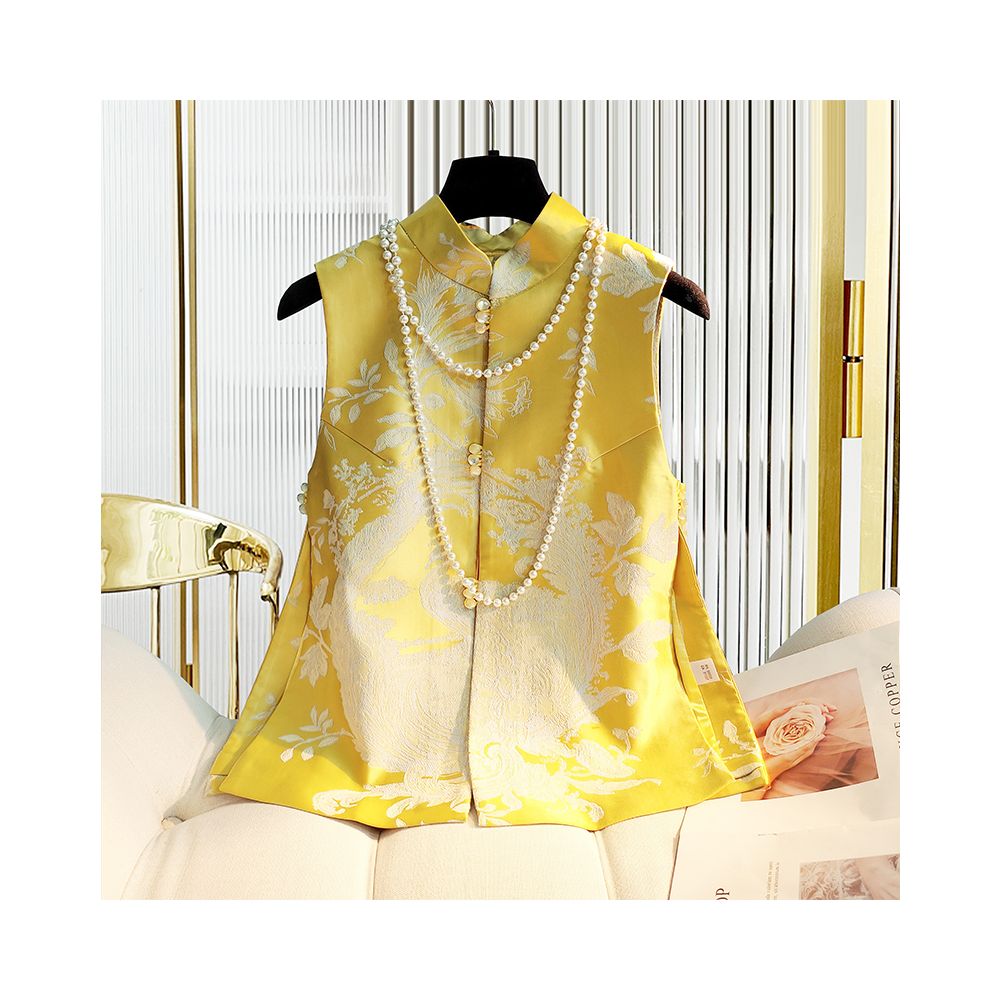 Yellow Retro Chinese Vest Women s Autumn Dress Improved Cheongsam Jacquard Silk Slimming Tank Top Camry Shoulder Chinese Style Tang Dress image 35