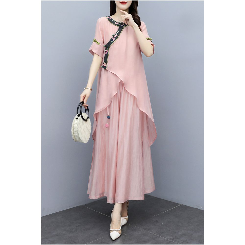 2025 Summer New Women s Clothing Pink Embroidered New Chinese Mother s Clothing Two Piece Set Wide Leg Pants Set Fashion Set image 15