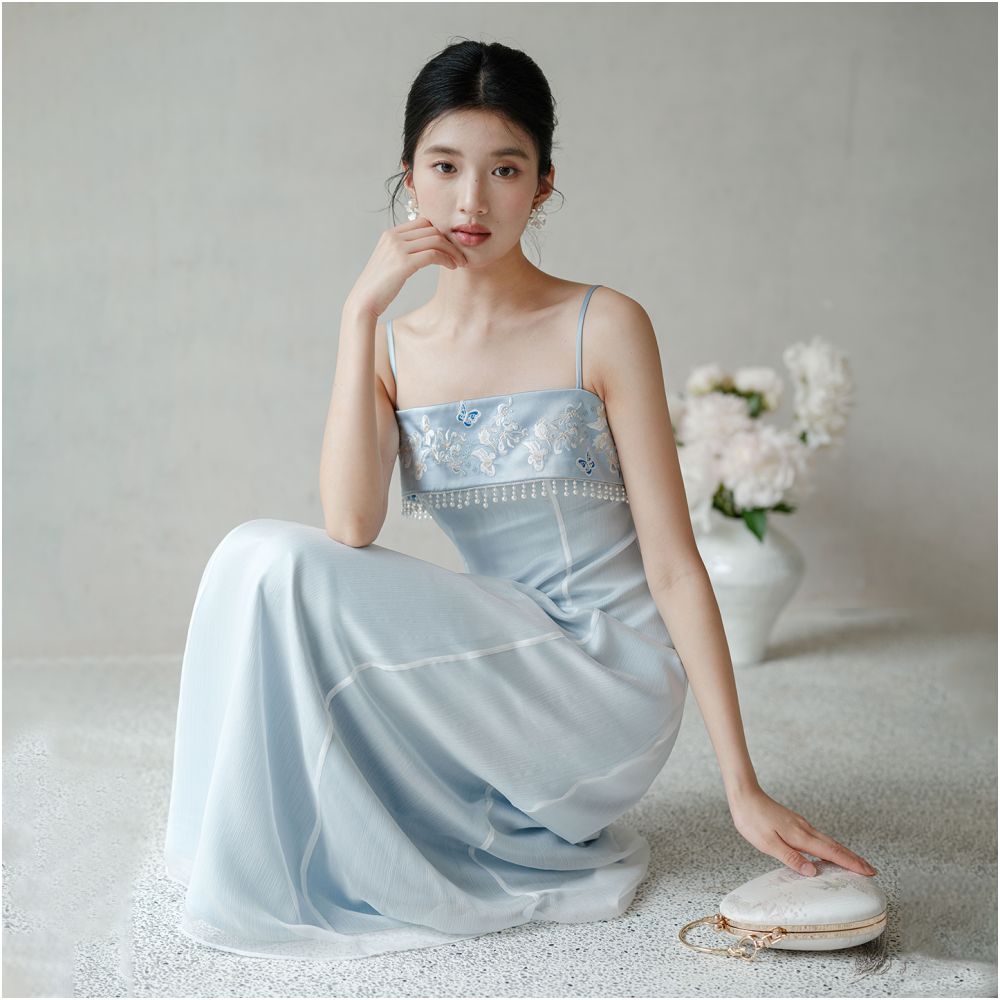 Chuchanyishi new Chinese style suspender dress female 25 summer embroidery A line vest blue tube top long skirt image 21