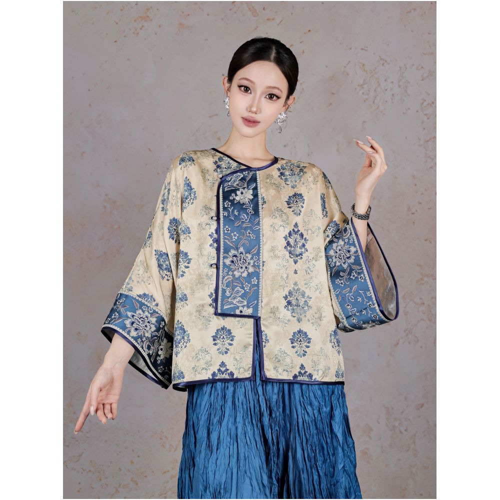 BYLU Fu Lan Gui New Chinese style contrast color stitching embroidery top satin jacquard loose long sleeved shirt image 7