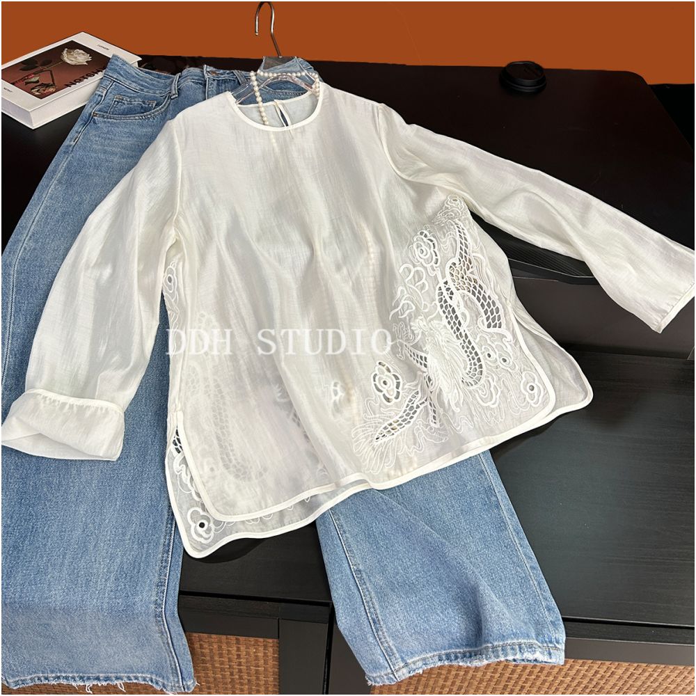New Chinese style dragon pattern hollow design shirt skin friendly Tencel 2025 spring and summer new loose top image 9