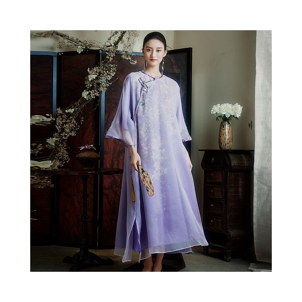 Moyu Lanzhi Chinese style 100 silk round neck plus size artistic qipao new Chinese elegant dress summer image 9