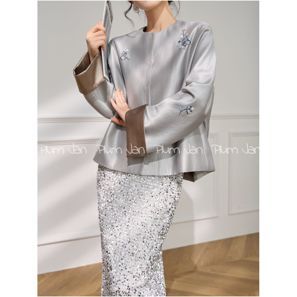 Plum Jan Fashionable Design New Chinese Coat Early Autumn Chinese Style Round Neck Nail Bead Heavy Industry Grey Top for Women image 7