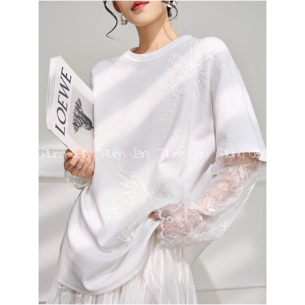 Plum Jan Unique and Beautiful Early Summer Small Top Lace Splicing Long Sleeve T shirt Women s White Shoulder Versatile Short Sleeve image 7