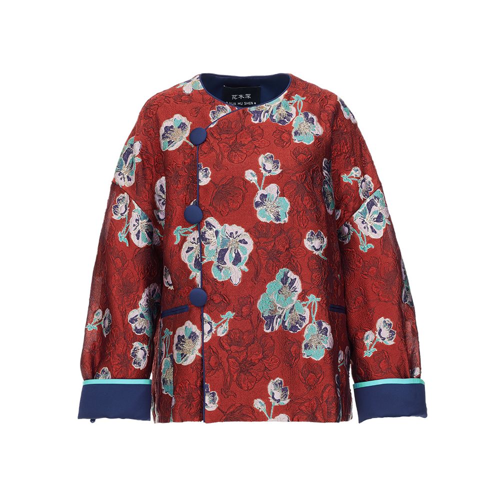 Hua Mu Shen Xin Chinese style red coat for women new casual light Chinese style jacquard outer cardigan round neck straight top image 8