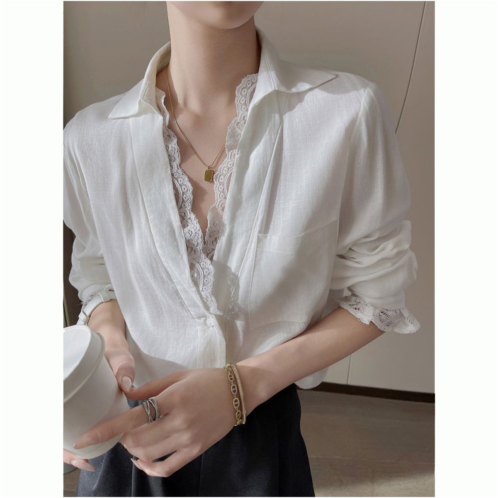 PINKEEN White V neck Lace Splicing Long Sleeve Shirt for Women Autumn 2025 New Fashionable Senior Top for Aging Reduction image 8
