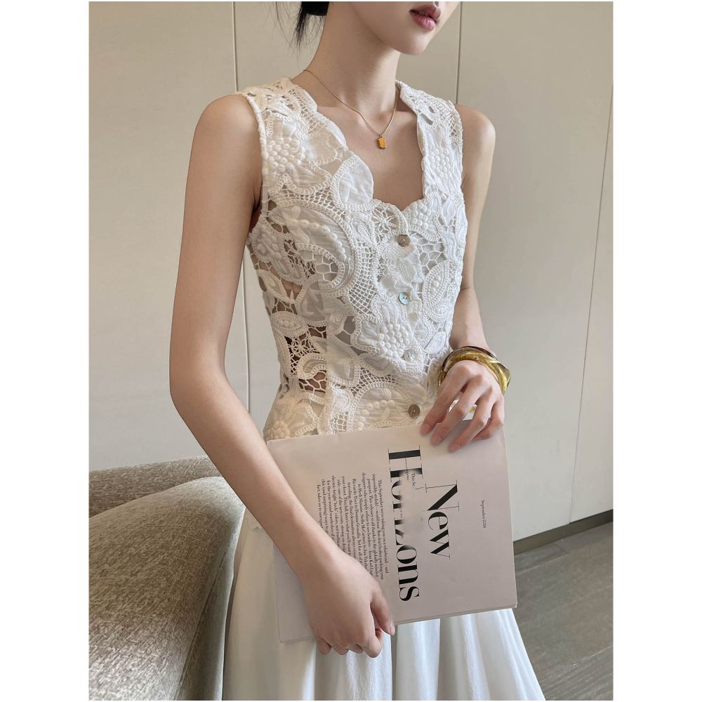 PINKEEN White V neck Sleeveless Heavy duty Vest Women s Summer 2025 New Collection Waist slimming Lace Hollow Top image 7
