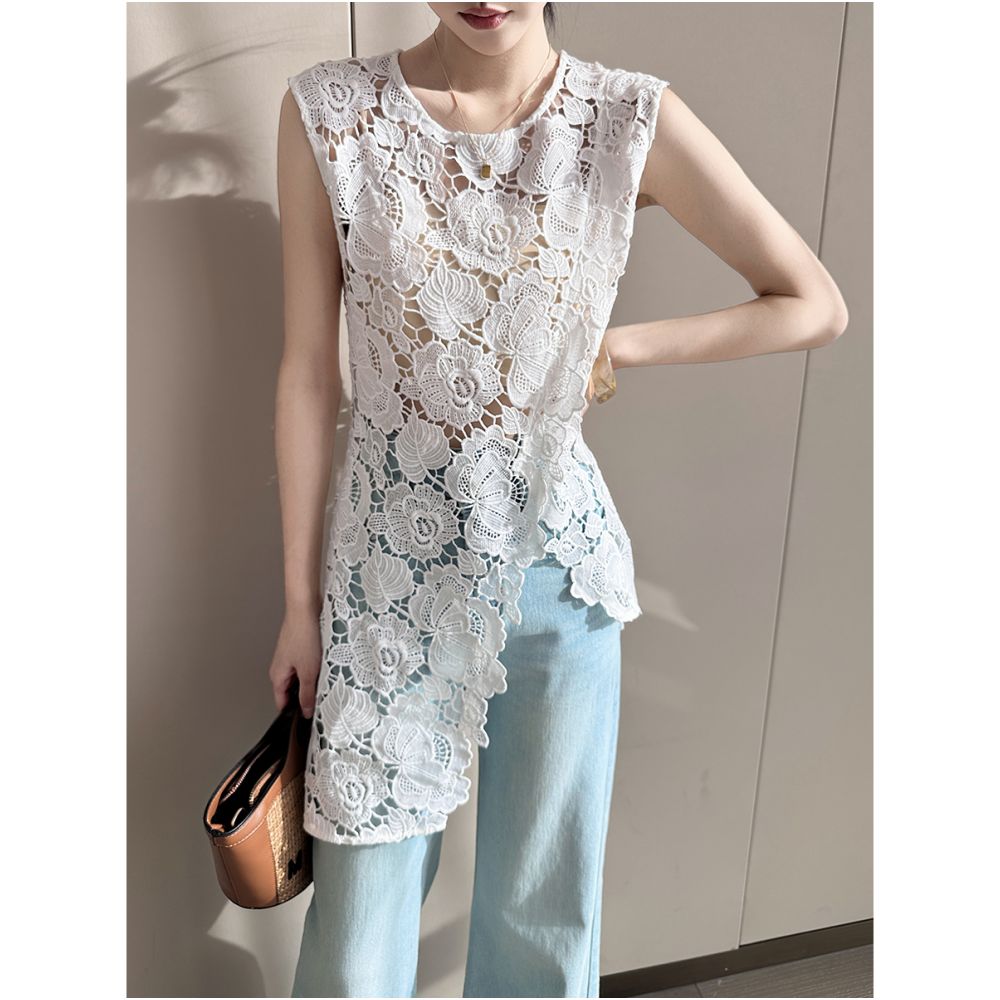 PINKEEN White Round Neck Sleeveless Irregular Lace Small Shirt for Women Summer 2025 New Unique Hollow Top image 8