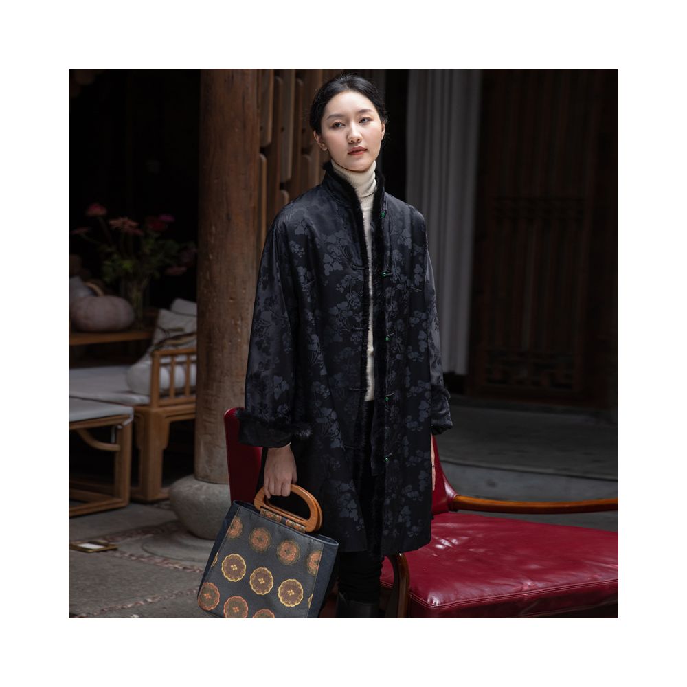 Silk jacquard Chinese style open collar mink fur medium long style retro loose winter cotton coat Tang style women s coat image 12
