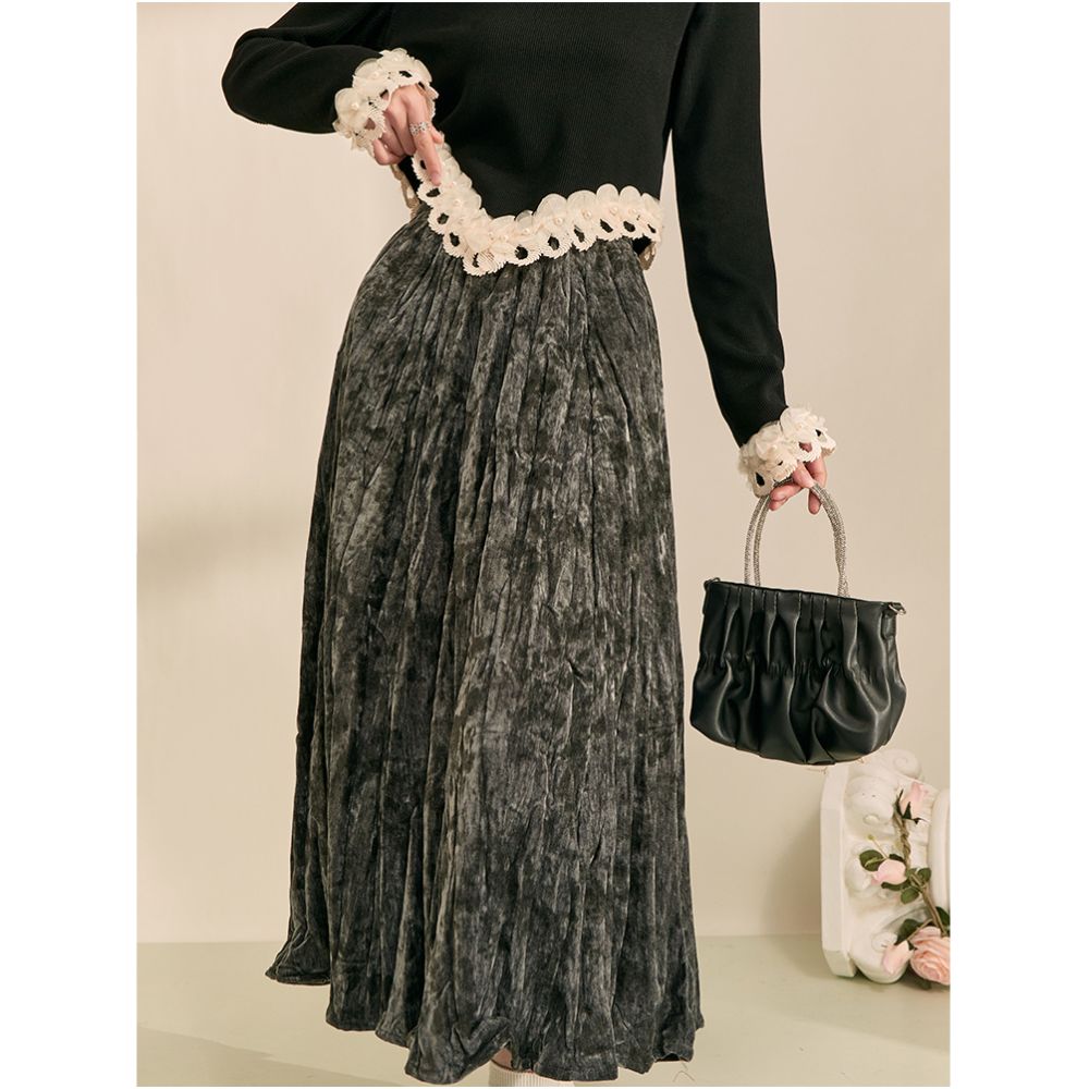 2025 Spring Grey Midi Skirt New Chinese Style Retro Splashed Ink Design Unique Elastic Waist Elegant Full Skirt image 9