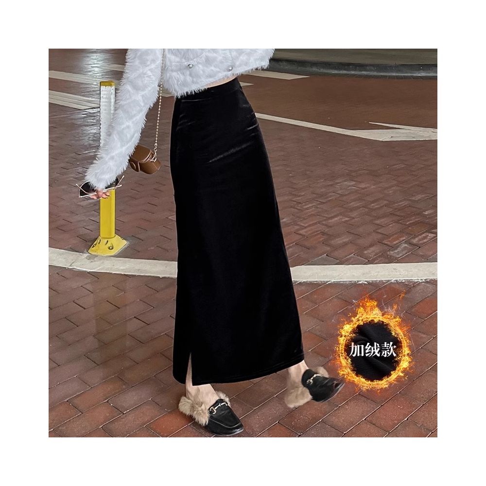 Rouje Naive Gold Velvet Half length Skirt Women s Long Skirt New Autumn and Winter High Waist Drop Feel Split Straight Tube Skirt image 18