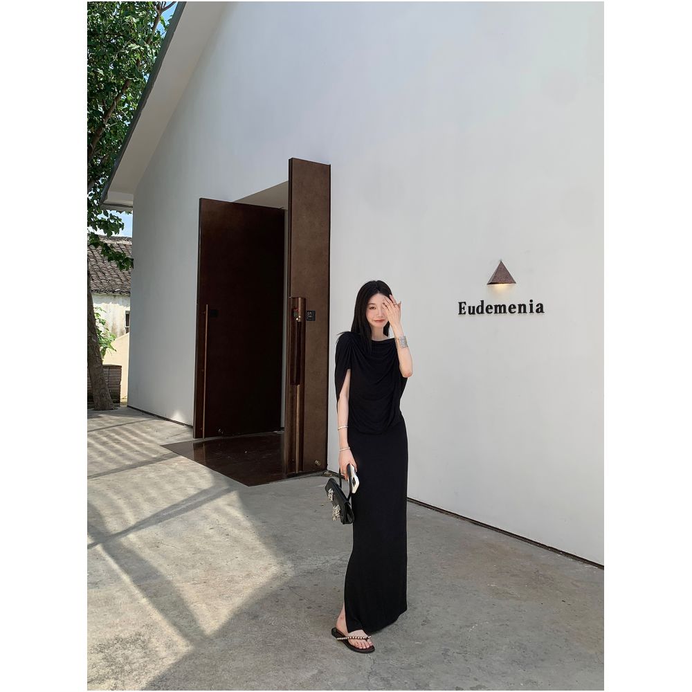 Ouyang Black Swinging Neck Short Sleeve Dress for Women s Summer New Style Chain Back Back Long Dress for Spicy Girls image 4