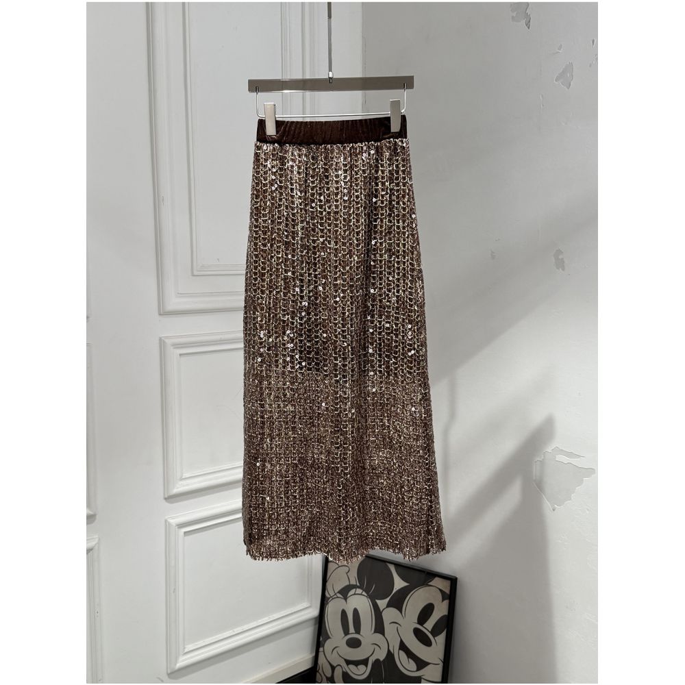 Spot special price Milan Town South Oil high version fashionable lazy style sparkling sequin knit sweater half skirt set image 4