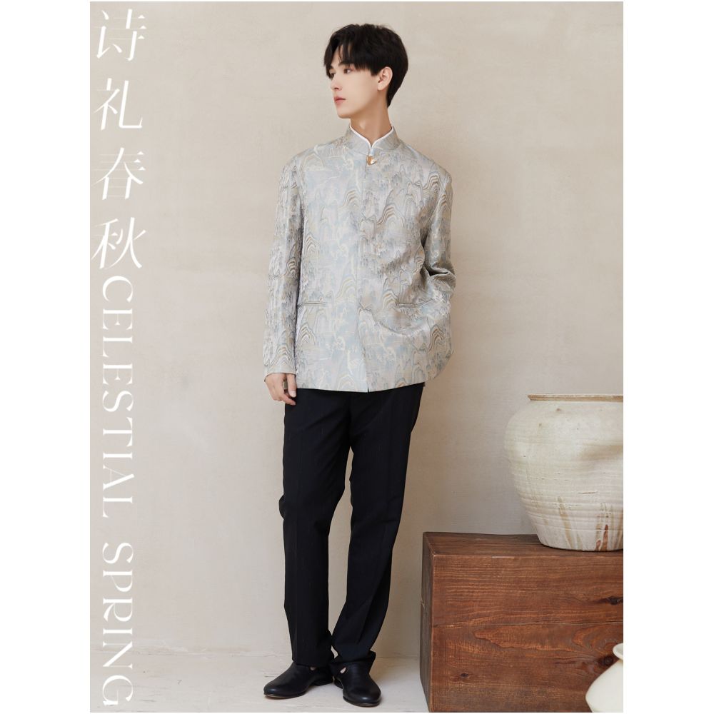Poetry and Rites Spring and Autumn Original New Chinese style Men s Stand up Collar Tang Costume Landscape Weaving Brocade Improved Zhongshan Costume Jacquard National Style Coat image 4