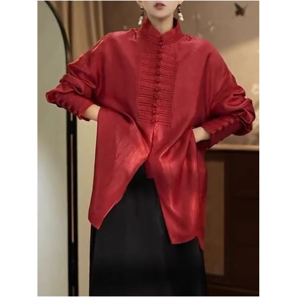 Tang style Improved New Chinese Red Long sleeved Shirt 2025 Spring Edition Design Sense Stand up Collar Pan Button Casual Top image 2
