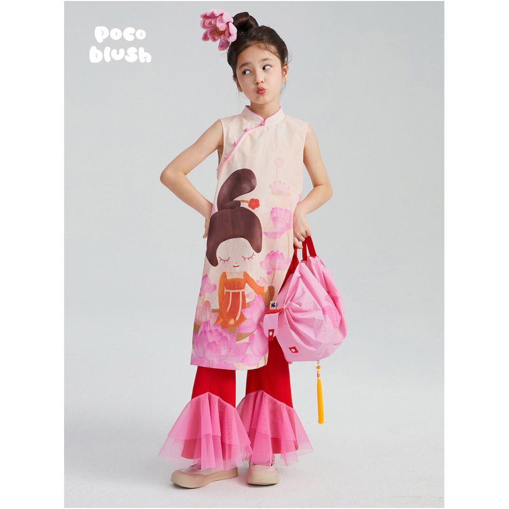Pocoblush Original Design Tang Fun Lotus Picking New Chinese Cheongsam for Girls Summer Ethnic Buckle Chinese Style image 4
