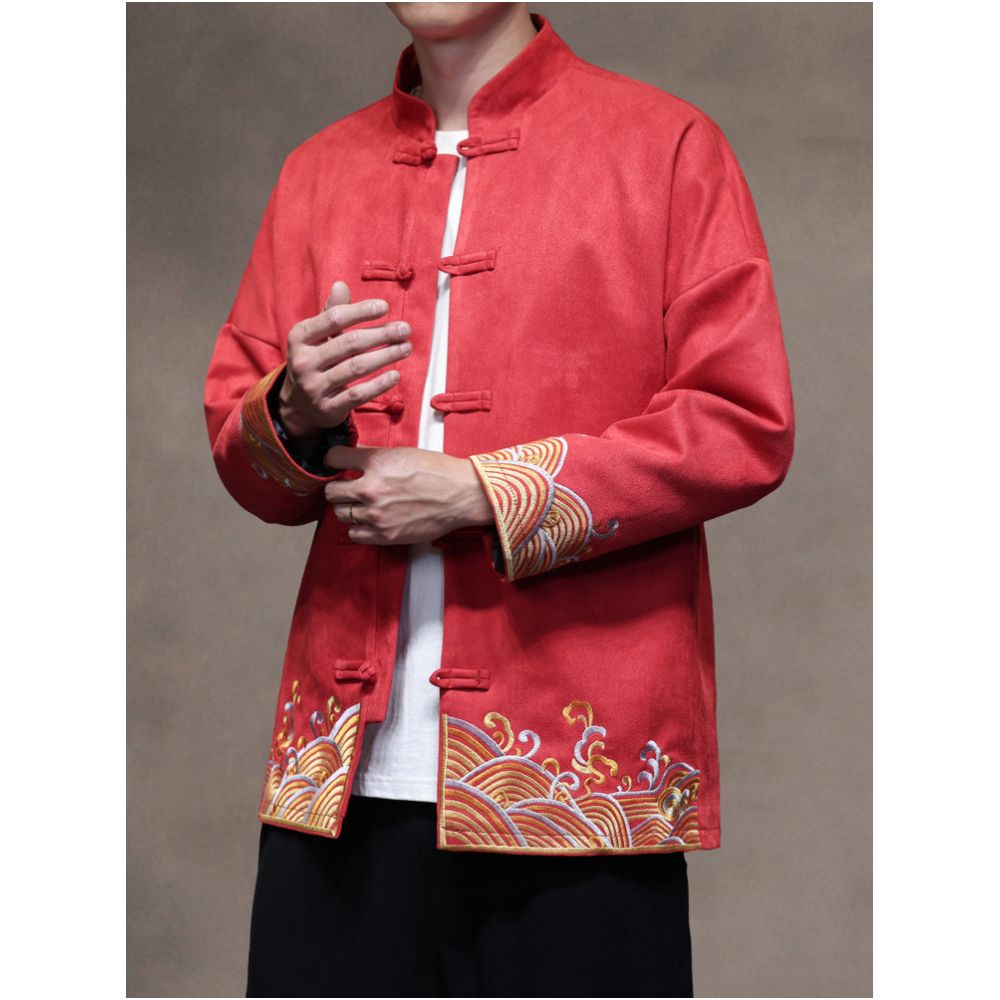New Chinese style autumn and winter casual embroidered Tang suit jacket loose oversized suede with buckle Zhongshan suit men s tea jacket image 4