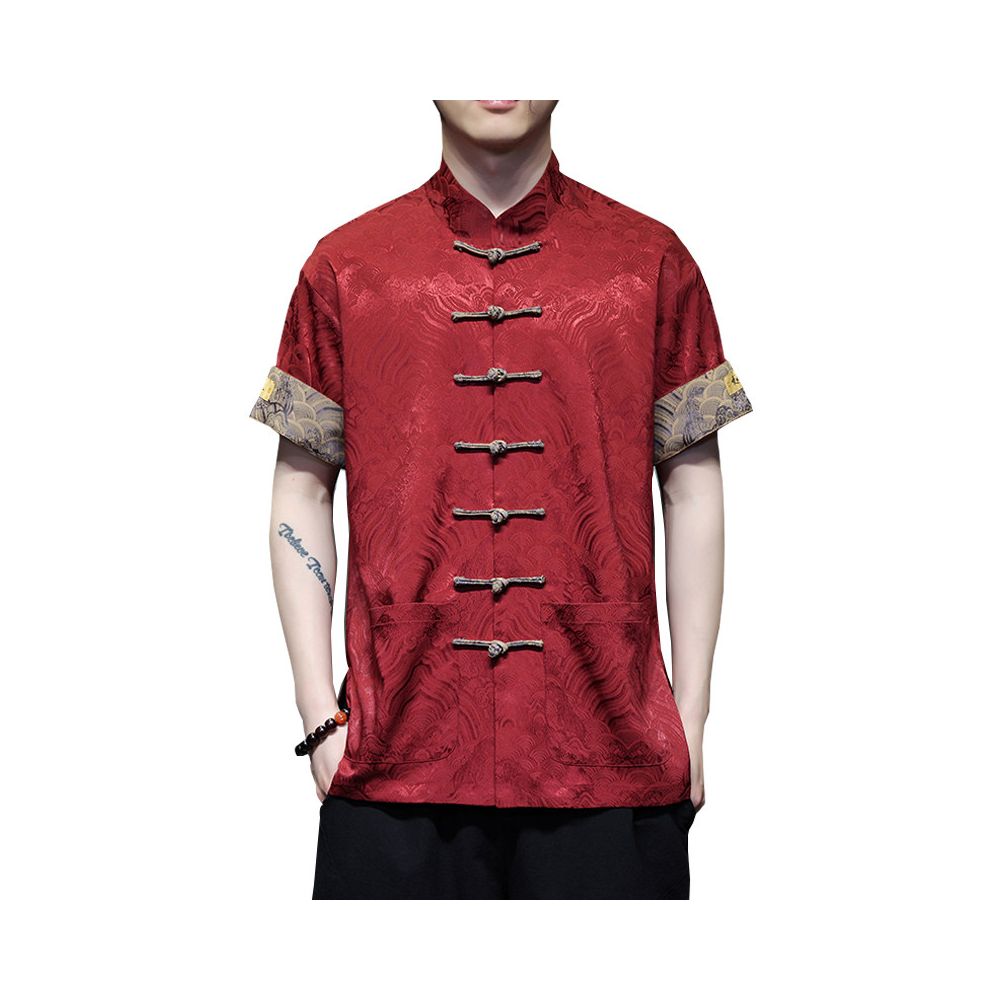Chinese style retro button down short sleeved shirt summer thin embroidered casual top men s loose fit plus size stand up collar tea jacket image 4