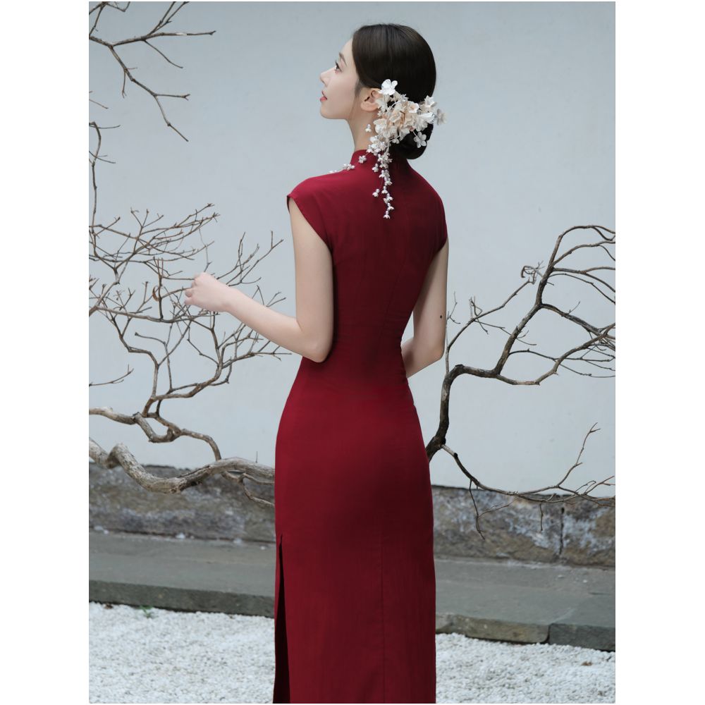 ONMOON New Chinese Style Flower Improved Cheongsam Red Tulip Dress Engagement Toast Dress Dress image 4