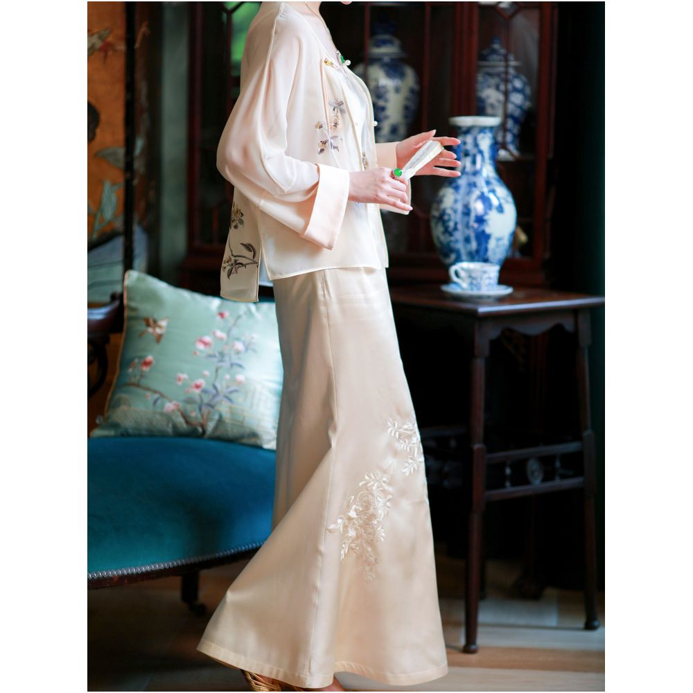 Moon Breeze City Breeze Spring and Summer Silk Embroidery China Chic New Chinese National Style Improved Fishtail Skirt image 4