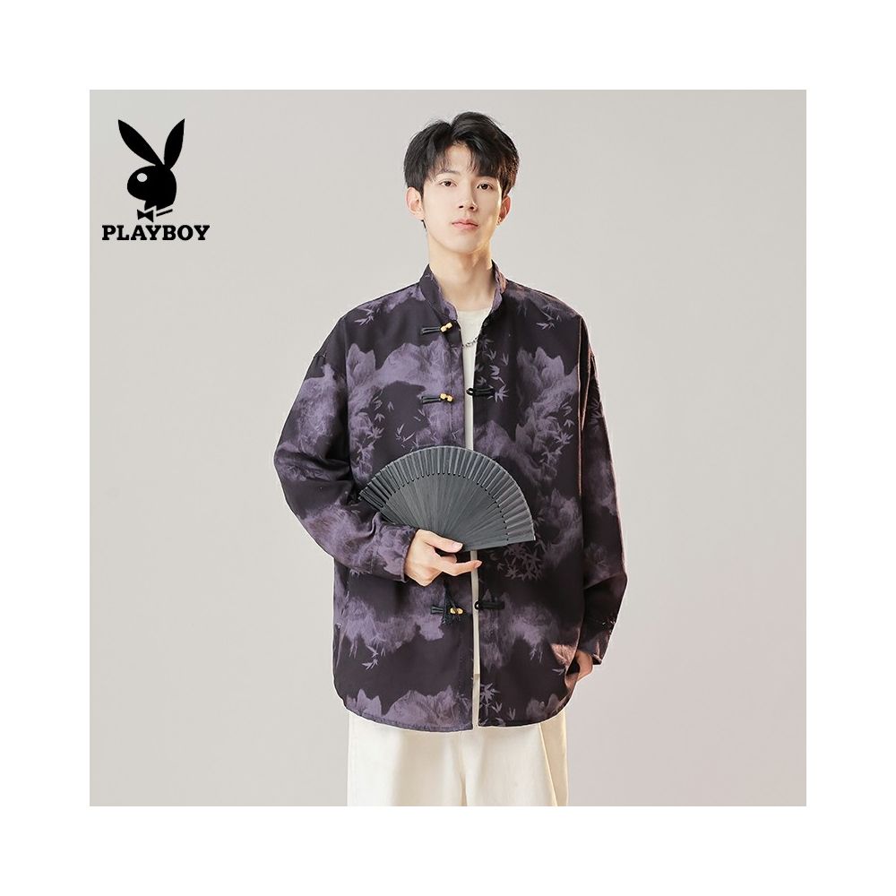 Playboy New Chinese Ink Printing and Dyeing Pan Button Shirt for Men with a Small Design Sense Tang Costume Hanfu Stand up Collar Zhongshan suit image 4