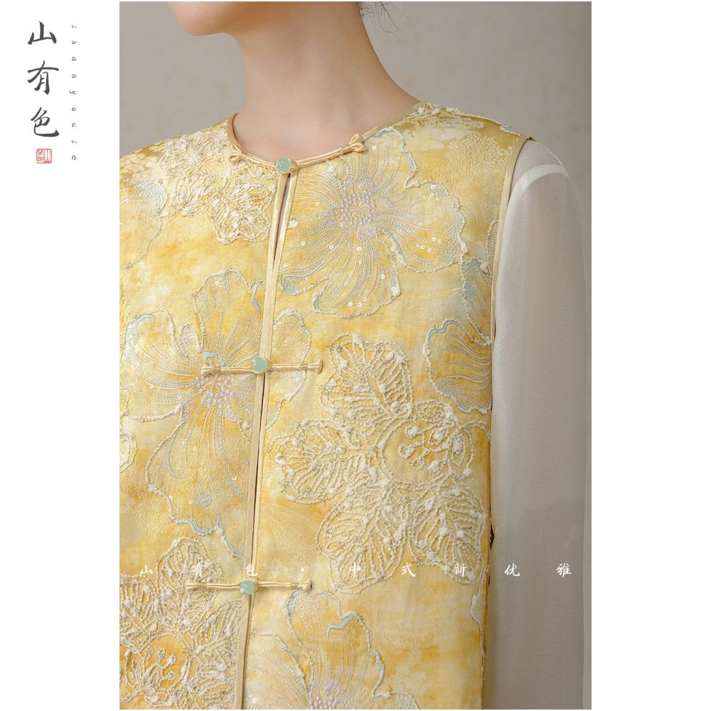 Mountain colored gold thread 2025 autumn women s new Chinese light style silk embroidery vest jacquard round neck shoulder image 5