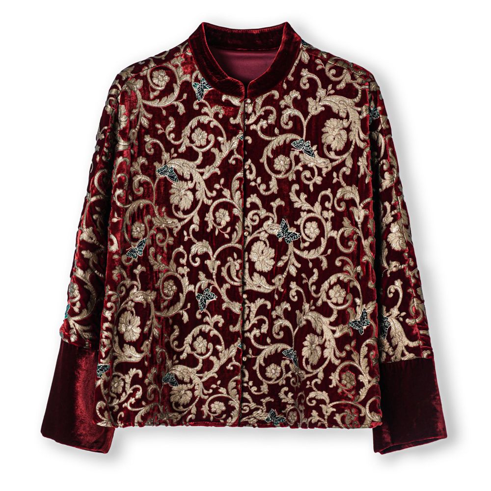 Original Design Light Luxury Jacquard Silk Velvet Coat Women s Long Sleeve Loose Chinese Style New Chinese Tang Style Pan Button Top image 5