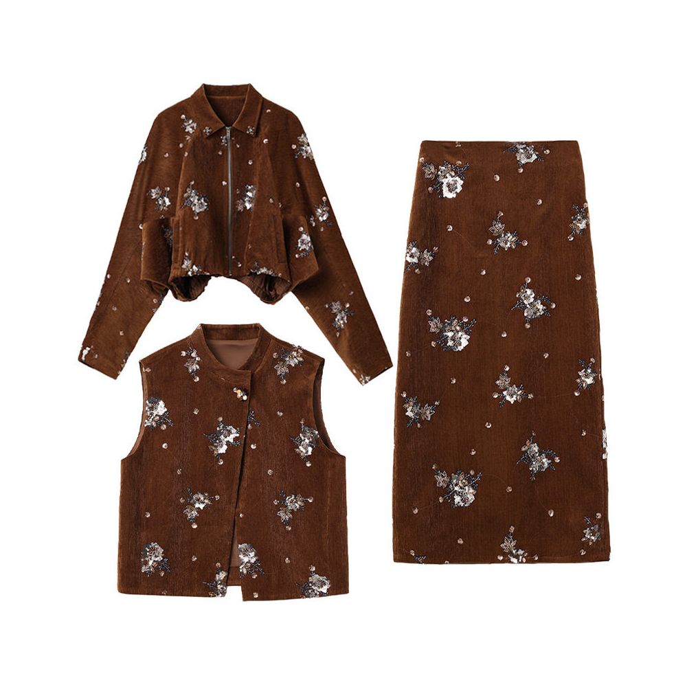 HSSNFZ Chinese Style Autumn Retro Elegance Embroidered Sequined Beaded Jacket Skirt Vest Three Piece Set image 5