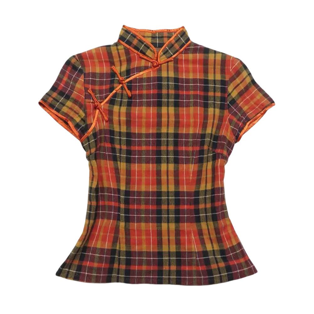 Retro improved cheongsam collar short sleeved T shirt with Chinese style design printed color blocking stand up collar buckle slim fit T shirt top image 5