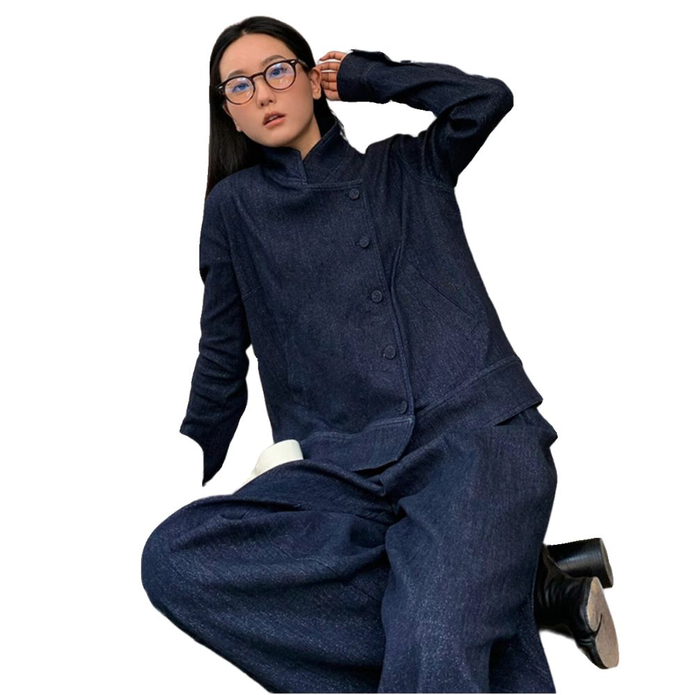 Deep Blue Cowboy Set for Women 2024 Autumn Retro New Chinese Style Pan Button Top Wide Leg Pants Two Piece Set image 5