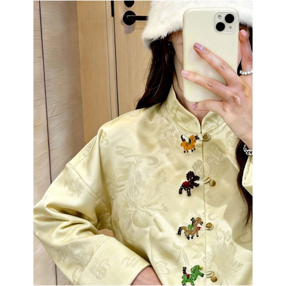 New Chinese style stand up collar button jacquard yellow shirt women s autumn and winter long sleeved jacquard high end feeling Chinese style super beautiful top image 5