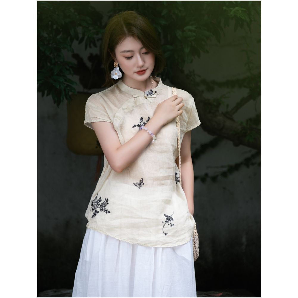 Xiao Er s Plant Inspired Embroidery Chinese Fine Hemp Fabric Short Sleeved Top with Stand Collar and Fold Buttons for Women image 3