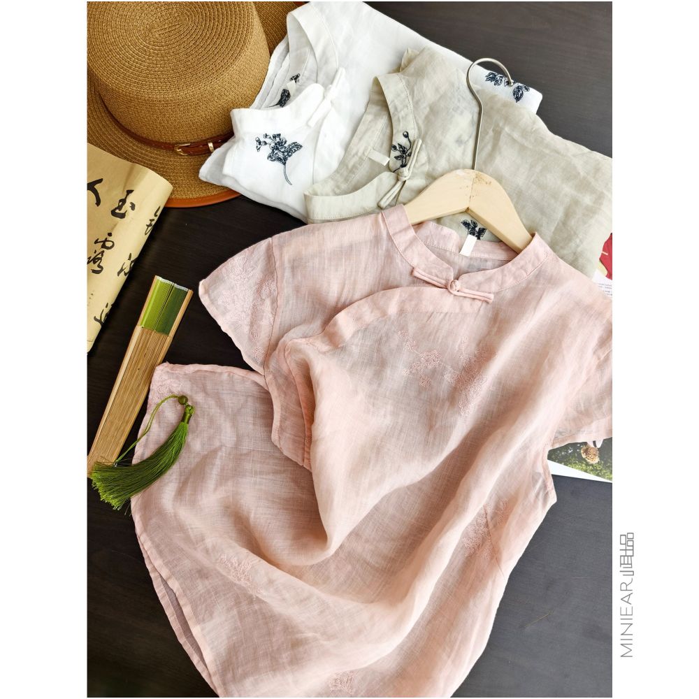 Xiao Er s Plant Inspired Embroidery Chinese Fine Hemp Fabric Short Sleeved Top with Stand Collar and Fold Buttons for Women image 4