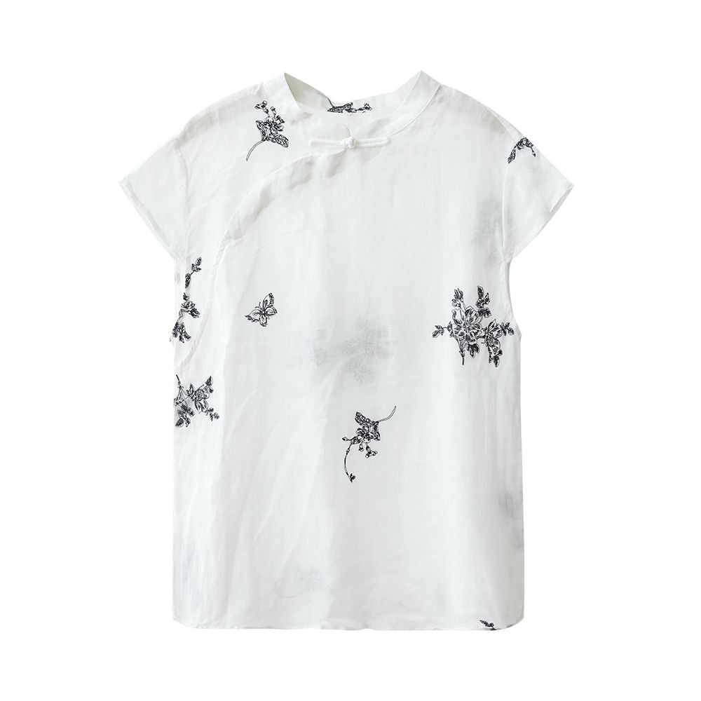 Xiao Er s Plant Inspired Embroidery Chinese Fine Hemp Fabric Short Sleeved Top with Stand Collar and Fold Buttons for Women image 5