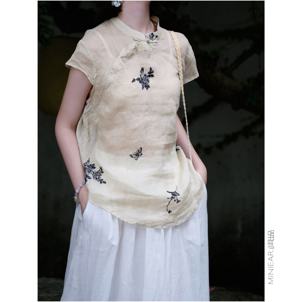 Xiao Er s Plant Inspired Embroidery Chinese Fine Hemp Fabric Short Sleeved Top with Stand Collar and Fold Buttons for Women image 0